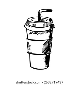 Hand-Drawn Coffee to Go Cup Sketch: Vintage Outline Illustration, Ink Graphic, Detailed Doodle of Coffee, Chocolate Drink, Takeaway Beverage Design for Print, Web
