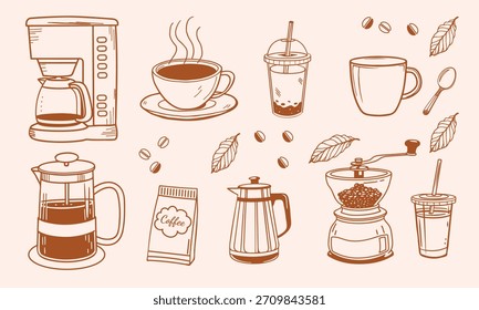 Conjunto de iconos de café dibujado a mano con tazas de doodle, máquina de café, molinillo, prensa francesa, frijoles, hojas y bebidas. Perfecto para la marca de cafeterías, menús, packaging y proyectos gráficos.