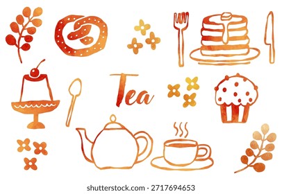 Hand-drawn coffee items illustration set with watercolor texture (brown)