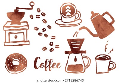 Conjunto de ilustração de itens de café desenhado à mão com textura aquarela (marrom)