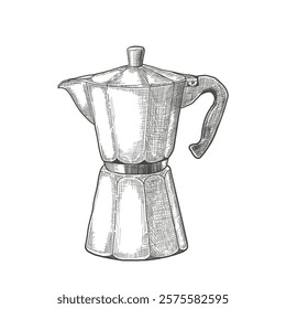 Hand-drawn coffee moka pot in vintage engraving sketch style isolated on white background. Coffee maker drawing with hatching. Design element for coffee culture. Graphic vector illustration.