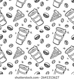A hand-drawn coffee pattern, a pizza, a sketch in black ink, a sketch-style design made in the style of doodles.