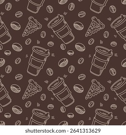 A hand-drawn coffee pattern, a pizza, a sketch in black ink, a sketch-style design made in the style of doodles.