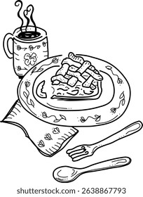 Hand-drawn coffee and pie vector doodle. Cup of coffee, pie, napkin, fork, and spoon. Take a bite!