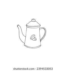 Hand-drawn coffee pot isolated on a white background. Vector illustration of cooking equipment for making coffee with coffee beans on it.