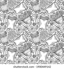 Hand-drawn coffee seamless pattern with cappuccino, unfried beans, mugs, cinnamon, cream, cookies. Black and white detailed. Cute drink wallpaper. Vector illustration