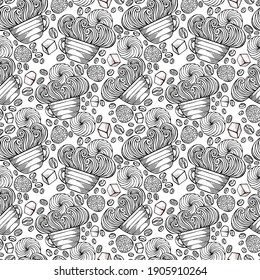 Hand-drawn coffee seamless pattern with cappuccino, beans, mugs, sugar, cream, cookies. Black and white detailed. Cute drink wallpaper. Vector illustration
