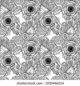 Café hecho a mano sin costura con capuchino, donuts, croissants, granos de café. En blanco y negro. Papel tapiz de bebida. Ilustración del vector