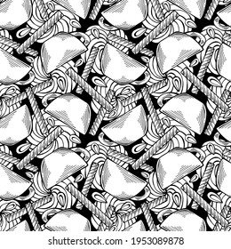 Hand-drawn coffee seamless pattern with cappuccino, mugs, cream, wafer rolls. Black and white detailed. Cute drink wallpaper. Vector illustration on dark background