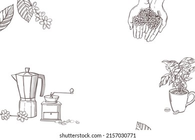 Café hecho a mano. Granos de café en las manos.  Fondo vectorial.