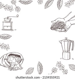 Hand-drawn  coffee set. Coffee beans in hands.  Vector background.