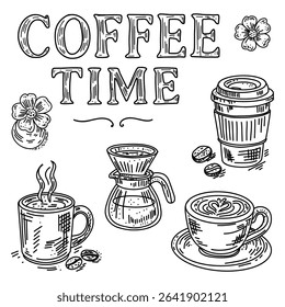 A hand-drawn coffee set, a sketch in black ink, and a sketch-style coffee shop design. For a cafe.
