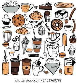 Hand-drawn coffee shop food and drinks set.  Vector sketch illustration. 