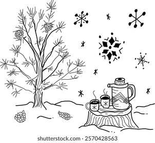 Hand-drawn coffee in the snow vector. A thermos, coffee cups, and snowflakes on a white background. Snowy winter scene for coffee lovers.