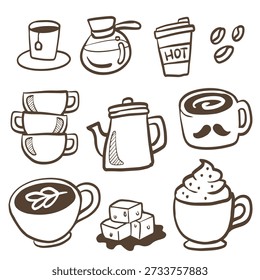 Hand-drawn coffee and tea doodle illustration set with cups and coffee beans