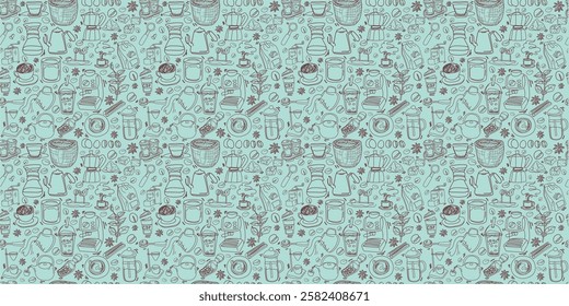 Hand-Drawn Coffee and Tea Lover's Doodle Pattern on Soft Aqua Background