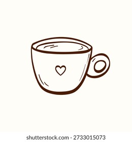 Hand-drawn coffee or tea mug icon featuring cappuccino, latte, espresso, americano. Suitable for cafe logos, drink menus, and cozy beverage designs.