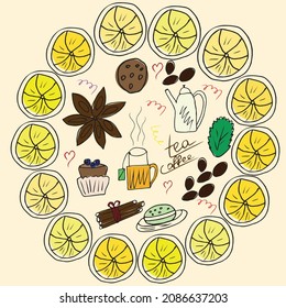 hand-drawn coffee and tea set isolated on a light background: a cup of hot coffee or tea from a teapot with cookies and mint with cinnamon