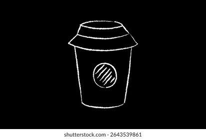 Hand-drawn coffee to-go cup doodle icon on black background. Chalk  takeout coffee illustration.