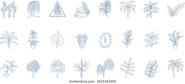 Hand-drawn collection of 24 blue botanical plant icons with various tropical leaves, succulents, and natural elements. Perfect for eco-friendly, artistic, and decorative design projects.