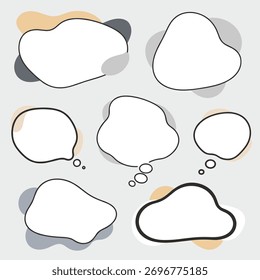 Hand-drawn collection of abstract speech and thought bubbles with organic shapes and subtle color splashes, ideal for conveying dialogue, ideas, and communication.