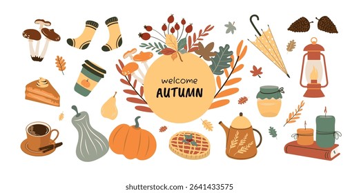A hand-drawn collection with autumn elements. Vector design.