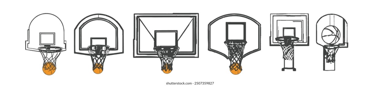 Hand-drawn collection of basketball hoops net and Basketball ball. vector illustration.