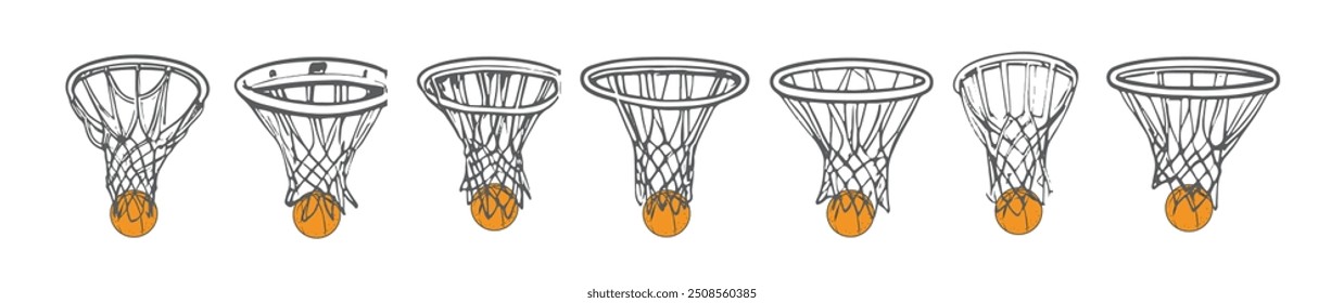 Coleção desenhada à mão de aros de basquete net e bola de basquete. Ilustração vetorial de arte em linha.