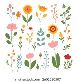 Hand-drawn collection of bright flowers on a white background. Vector floral elements.