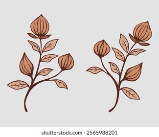 A hand-drawn collection of brown flowers in vector illustration, perfect for floral, botanical, and nature-inspired designs.