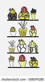  hand-drawn collection of cactus and succulents. Vector set with succulents flowers in a pots.  Vector illustration.