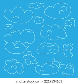 Hand-drawn collection of clouds on a blue background. Isolated vector elements in the doodle style. Contour white drawing for stickers, decor, postcards, badges.