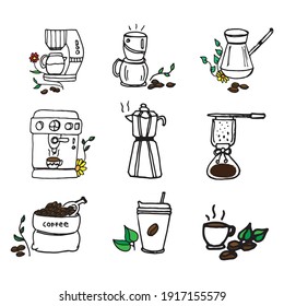 hand-drawn collection of coffee makers in brown outline against a white background. Perfect for coffee-themed designs, featuring detailed illustrations of coffee machines for various creative projects