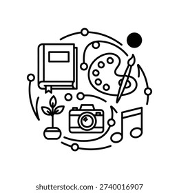 Hand-drawn collection of creative icons including music notes, vintage camera, plant, lightbulb, and laptop for brainstorming, ideas, and innovation concepts.