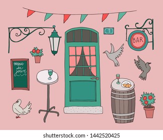 Hand-drawn collection of cute architectural elements in french style. Door, signboard, lamp, home plants, tables, pigeons, menu du jour (menu of the day in french)