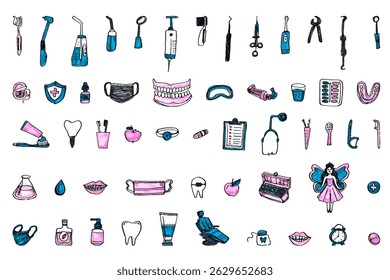 Hand-drawn collection of dental and medical-themed illustrations showcasing essential tools, hygiene items, and healthcare elements for oral wellness and treatment.