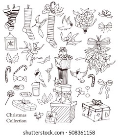 Hand-drawn collection of the different Christmas object. Line art set of the holiday doodles icons