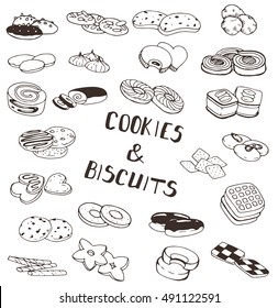 Hand-drawn collection of the different cookies and biscuits desserts. Line art set of the food icons.