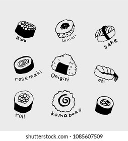 Hand-drawn collection of the different japanese food. Line art set of the food icons.