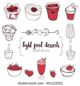 Hand-drawn collection of the different light fruit desserts. Line art set of the food icons.