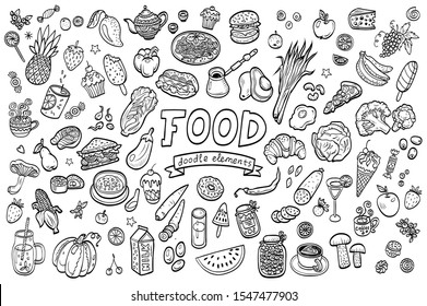 Hand-drawn collection of doodle objects on the theme of food. Set of isolated vector  elements and objects.