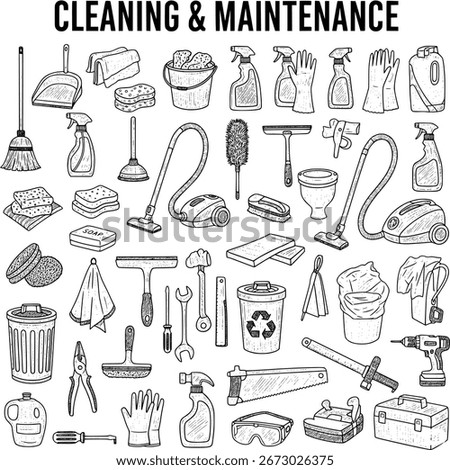 Hand-Drawn Collection of Essential Cleaning  Maintenance Tools, Supplies, and Equipment for Home  Professional Use