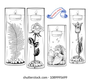 A hand-drawn collection of floating candles in glass vases, flasks with live flowers, a rose, a tulip, a fern, shells, artificial pearls and sea pebbles. Vector drawings in sketch style.
