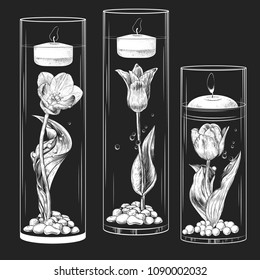 Hand-drawn collection of floating candles in glass vases and flasks with  tulips, artificial pearls and sea pebbles. Vector drawings in sketch style.Black and white composition on a white background.