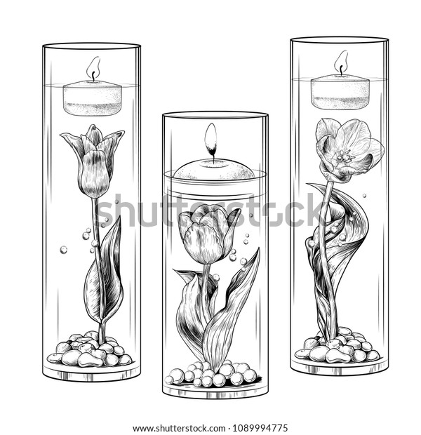 Handdrawn Collection Floating Candles Glass Vases Stock Vector