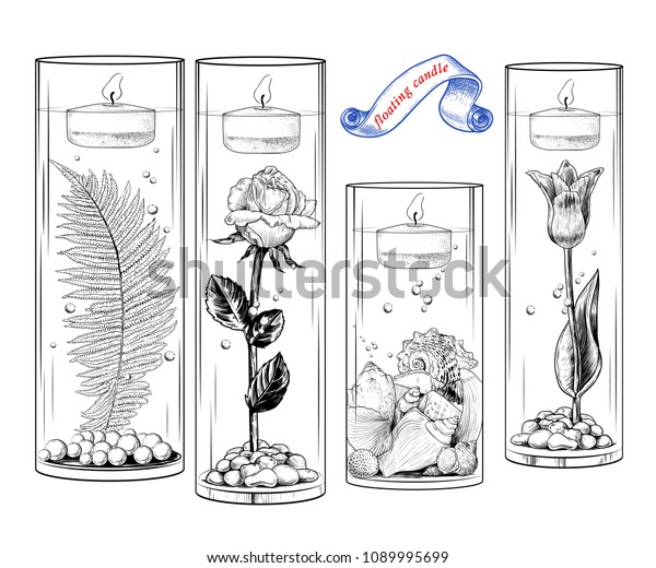 Handdrawn Collection Floating Candles Glass Vases Stock Vector