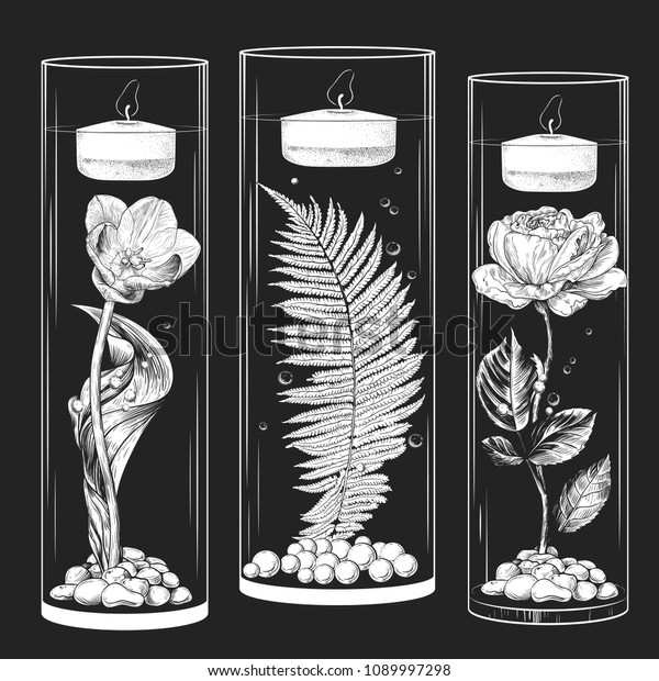 Handdrawn Collection Floating Candles Glass Vases Stock Vector