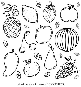 Hand-drawn collection with fruits doodles. Fruits icons set. Vector illustration.