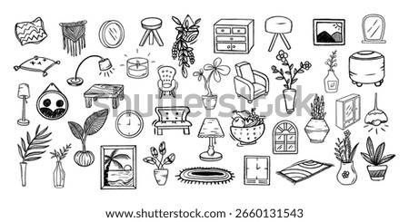 Hand-drawn collection of home decor items.