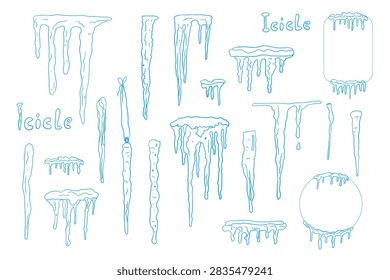 Hand-drawn collection of icicles and ice elements in a cute doodle style. Includes various long and short icicles, melting ice formations, and frosty winter decorations.
